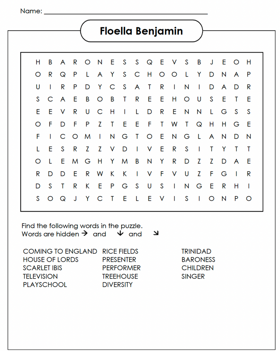 Floella Benjamin word search Floella Benjamin word search